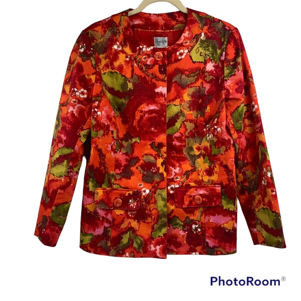 CHICO’S Dress Jacket Blazer Vibrant Greens Orange Red Floral Button Up Sz 1 (M)